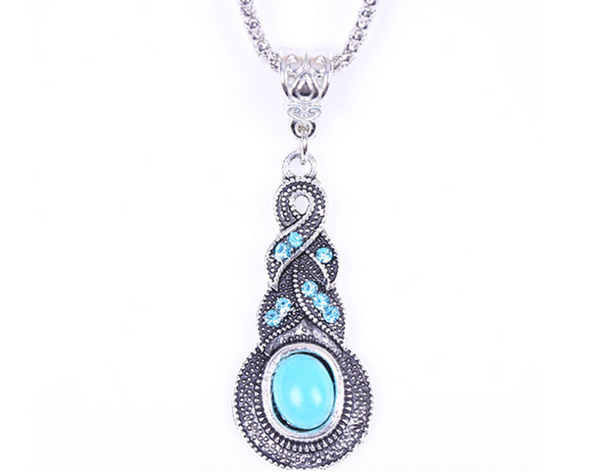 Collier pendentif goutte bleue, pierre aspect turquoise, ton argent vieilli — VoxArcana