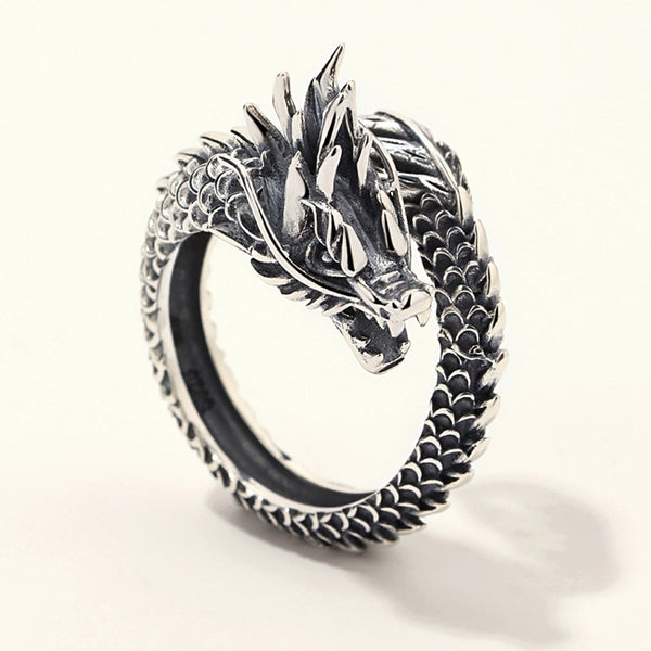 Bague dragon enroulé ajustable, ton argent vieilli — VoxArcana