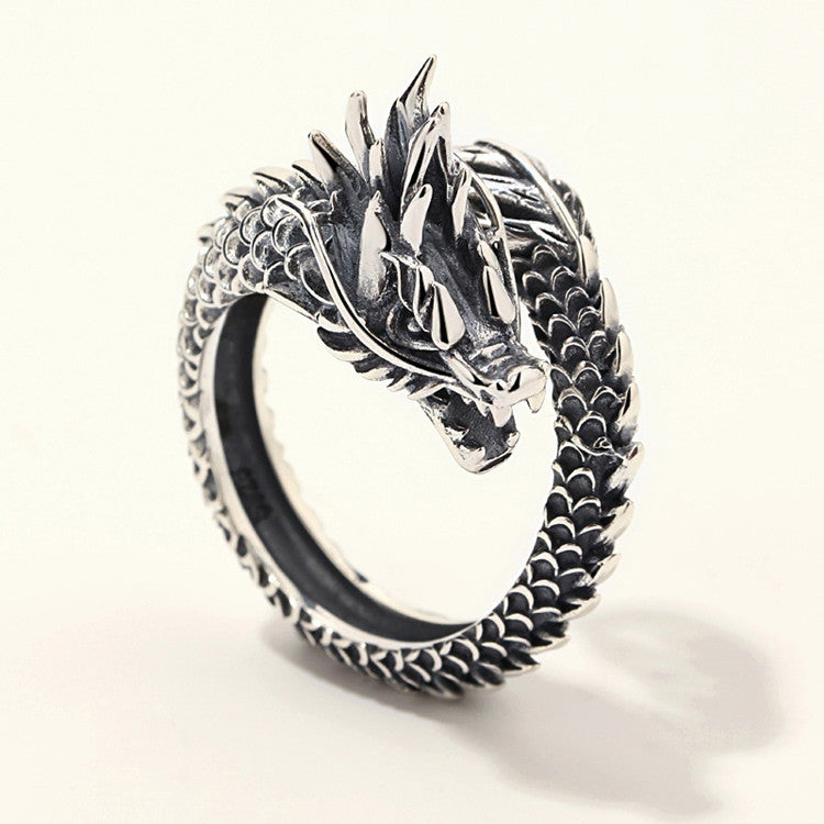 Bague dragon enroulé ajustable, ton argent vieilli — VoxArcana