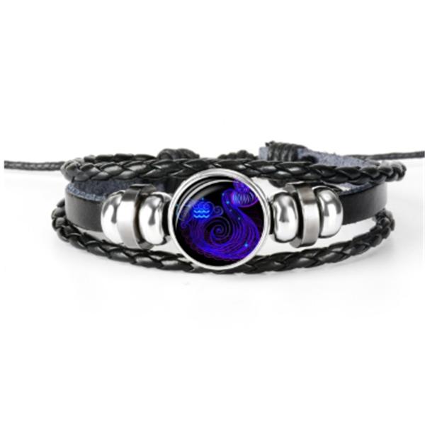 Bracelet zodiaque Verseau tressé, simili cuir noir et cabochon de verre — VoxArcana