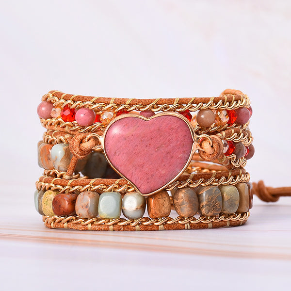 Bracelet wrap multirang à cœur rose, perles type jaspe et cristal — VoxArcana