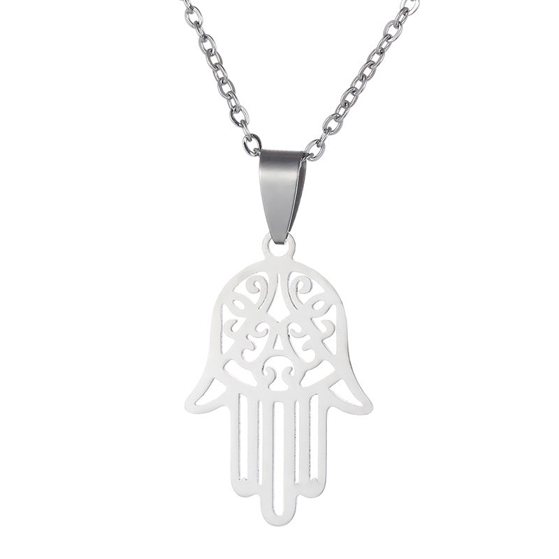 Collier pendentif main de Fatma, acier inoxydable, ton argenté — VoxArcana