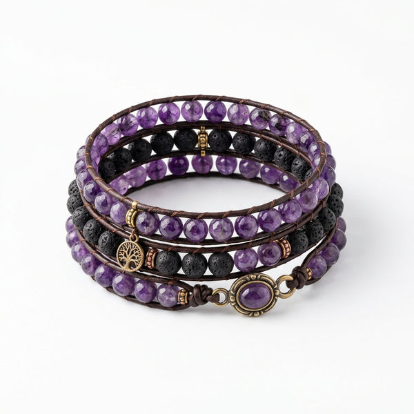 Bracelet Enroule Amethyste et Pierre de Lave