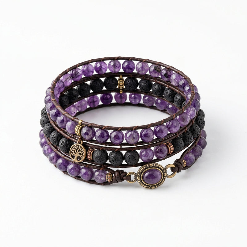 Bracelet Enroule Amethyste et Pierre de Lave