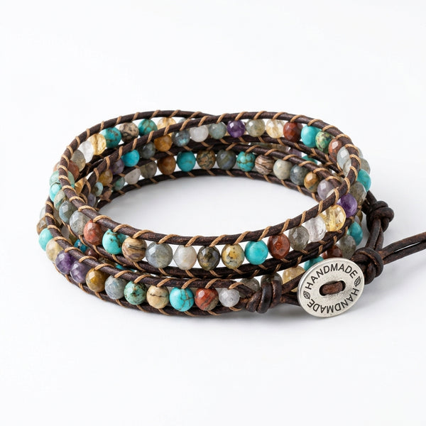 Bracelet Enroule Cuir Multi-Pierres