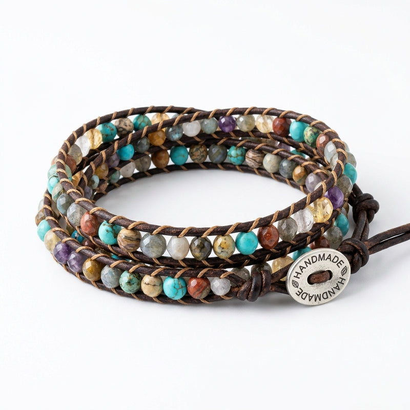 Bracelet Enroule Cuir Multi-Pierres